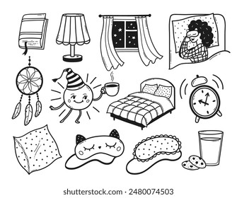 Bedtime sleep vector line art hand drawn illustrations set