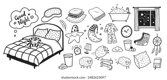 Bedtime sleep vector line art hand drawn illustrations collection