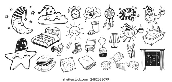 Bedtime sleep vector line art hand drawn illustrations set