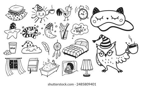 Bedtime sleep vector line art hand drawn illustrations collection