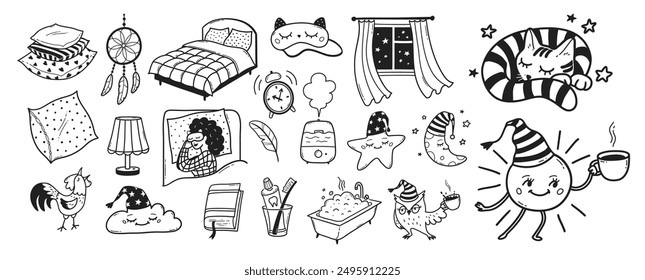 Bedtime sleep vector line art hand drawn illustrations set