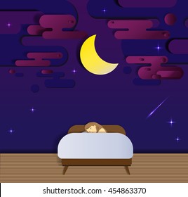 Bedtime and sleeping in the night paper cut style vector illustration