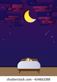 Bedtime and sleeping in the night paper cut style vector illustration