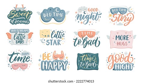 Bedtime slogan. Sleep mask with good night lettering, sleeping pillow and time to bed calligraphic inscription vector set of slogan sleep print quote illustration