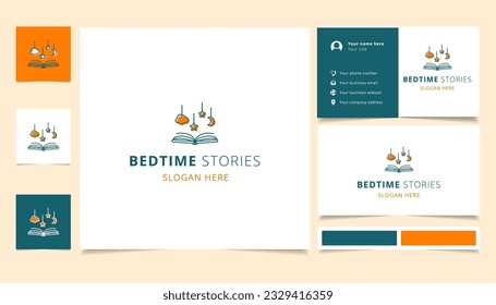 Diseño del logo de los cuentos de la cama con eslogan editable. Libro de promoción de marca y plantilla de tarjeta de visita.