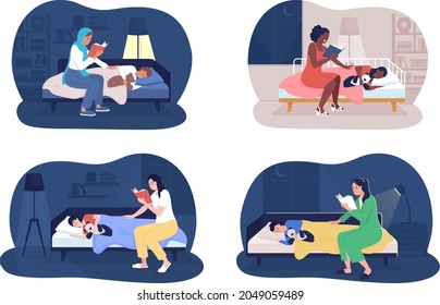 Bedtime story 2D vector isolated illustration set. Mother reading book for sleeping kid. Family flat characters on cartoon background. Parent and child relationship colourful scene collection