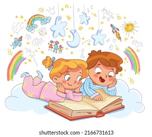 Historia de la cama. Hermano y hermana leyeron un libro de cuentos de hadas antes de irse a la cama y fantasear. Personajes de dibujos animados coloridos. Graciosa ilustración vectorial. Aislado sobre fondo blanco