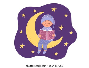 Bedtime story. Cute little boy reads book. Child in pajama sitting on the moon. 