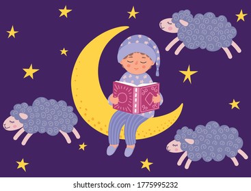 Bedtime story. Cute little boy reads book. Child in pajama sitting on the moon. Night starry sky with clouds in form of sheeps