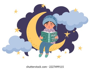 Historia de la cama. Un niñito lindo lee un libro. Niño en pijama sentado en la luna. Cielo estrellado nocturno con nubes