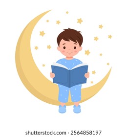 Bedtime story. Cute little boy reads book. Child in pajama sitting on the moon. Vector Illustration
