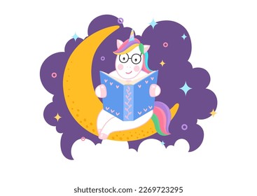 Bedtime story. Cute unicorn reading book on the moon at night. Sweet dreams. Childrens illustration.