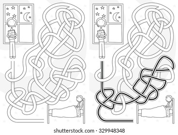 Bedtime story maze for kids with a solution in black and white
