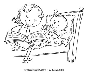 Bedtime story, mother reading to child, cartoon illustration