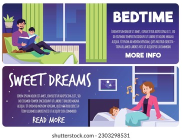 Bedtime and sweet dreams banners or flyers collection with parents putting kids to bed and reading books to them before going to bed, flat vector illustration.