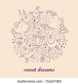 Bedtime vector illustration. Cute sleeping stars, moon and other night time elements. Decorative sleep wear design.