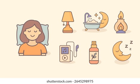 Bedtime wellness icon set featuring woman sleeping, diffuser, lamp, moon, aromatherapy spray, and bathtub for healthy sleep visuals and self-care design