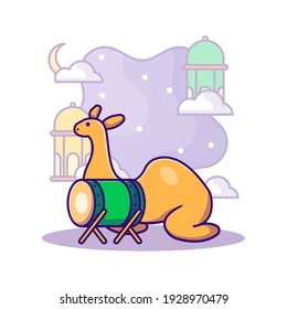 Bedug Drum and Camel Vector Cartoon Illustration. Ramadan kareem Icon Concept White Isolated. Flat Cartoon Style Suitable for Web Landing Page, Banner, Sticker, and Background