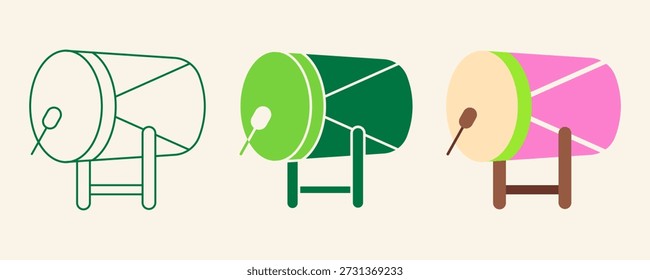 Ícone Bedug Drum Definido no Contorno Editável Traçado, Ilustração de Vetor de Estilo de Cor Plana e Dupla para Ramadã e Tradição Islâmica
