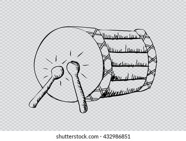 Bedug, (indonesia traditional drum) and stick. Hand drawing illustration.