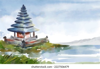 bedugul Bali landscape watercolor background.