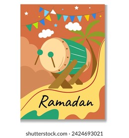 Beduk Ramadan with Flat Design of Ramadan and Eid Al Fitr Greeting Card