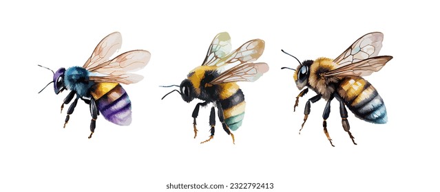 Acuarela animal de abeja aislada en fondo blanco. Ilustración vectorial de insectos voladores