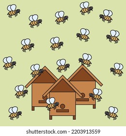 Bee apiary. Beehive with bees in cartoon style. Vector illustration isolated on light green background.
