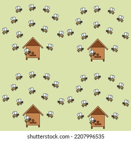 Bee apiary. Beehive with bees in cartoon style. Seamless pattern. Vector illustration on a light green background.