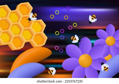 Bee apiary with honeycombs. A swarm of insects collects nectar. The concept of joint work in a team. Bee family in a meadow with grass and purple flowers, environment. Vector 3d illustration.