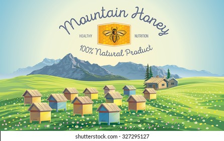 Bee apiary in the mountains landscape.