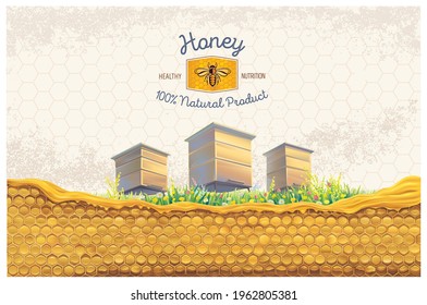 Bee apiary on a designer background, with honeycomb in the foreground and a symbolic illustration of a bee as a design element.