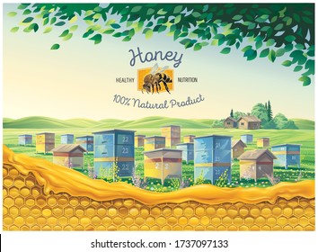 Bee apiary in the rural landscape with honeycomb in the foreground and a symbolic illustration of a bee as a design element