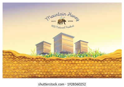 Bee apiary in the rural landscape with honeycomb in the foreground and a symbolic illustration of a bee as a design element