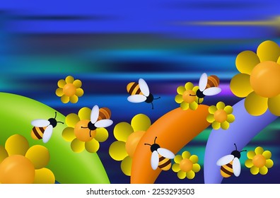 Bee apiary. A swarm of insects collects nectar. The concept of joint work in a team. Bee family in a meadow with grass and flowers. Environment in yellow and blue colors. Vector 3d illustration.