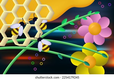 Bee apiary. A swarm of insects collects nectar. The concept of joint work in a team. Bee family in a meadow with grass, flowers and honeycomb cells. Environment collage. Vector 3d illustration.