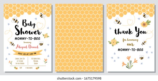 Bee Baby Shower invitation templates set Mommy to bee, sweet, honey, thank you card, yellow pattern banner. Vector