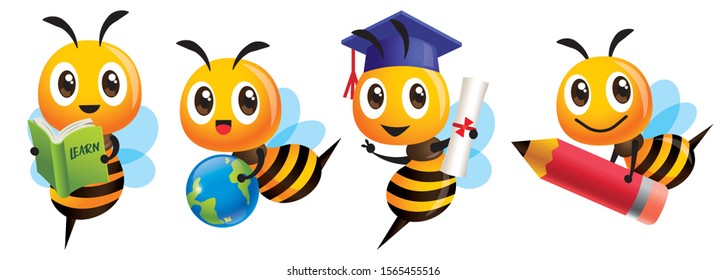 Bee Back to school set. Cartoon cute bee education mascot set. Cartoon cute bee graduation, holding a learning book, carrying a globe earth, carrying a big red pencil - Vector character mascot set