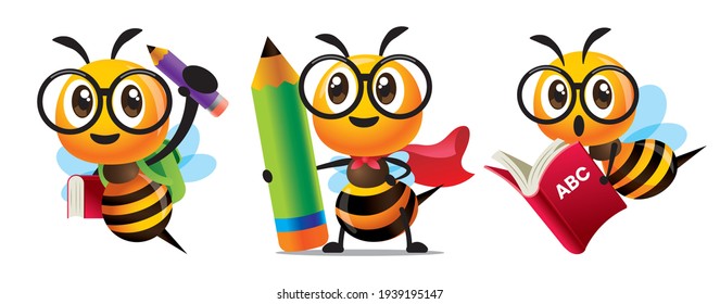 Bee Back to school set. Cartoon cute bee education character set. Cartoon cute bees holding a huge learning book and big pencils. Superhero Bee wear cloak back to school - Vector mascot set