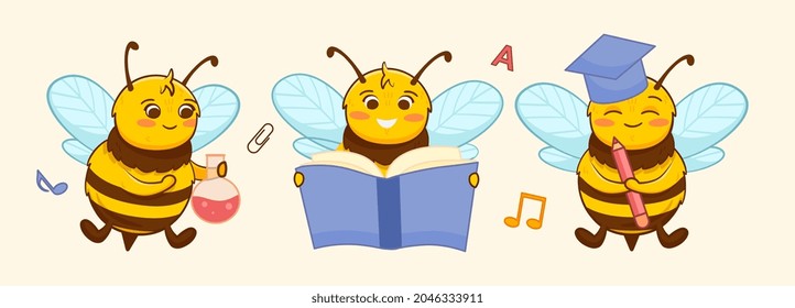 Bee Back to school set. Cute bumblebees with book, chemical flask and pencil. Little insect students. Education at school. Cartoon flat vector collection of stickers isolated on white background