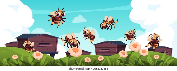 Bee background. Cartoon summer landscape with honeybees and hives. Wooden beehives on lawn of grass and flowers. Flying insects. Spring buzzing bug characters. Vector meadow apiary scenery