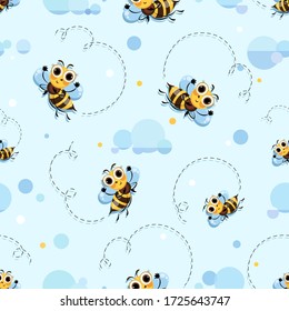 Bee background. Bee swarm, honey bees fly in the clouds. Cute cartoon character. Seamless pattern. 