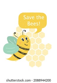 Bee with backgroung of honey combs. Vector composition with words Save the Bees. 20 May - World Bee Day concept. Illustration for ads, banners, flyers  to raise awareness of bee protection. Eps 10