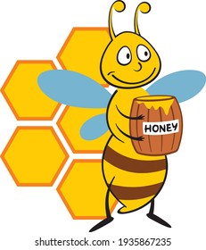 Bee with a barrel of honey in cartoon style