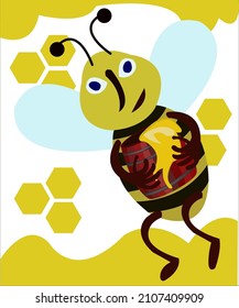 A bee with a barrel of honey flying on a background with honeycombs. Vector illustration.