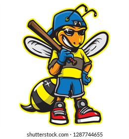 Bee baseball icon with hat and glasses wearing baseball t-shirt line art hand holding bat drawing with color