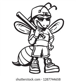 Bee baseball icon with hat and glasses wearing baseball t-shirt line art hand holding bat drawing black and white