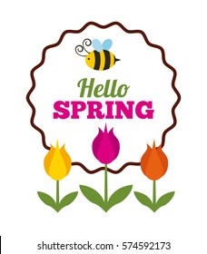 bee and beautiful flowers over white background. spring season concept. colorful design. vector illustration