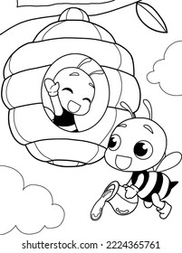 Bee and beehive vector illustration,coloring page,cartoon,drawing 