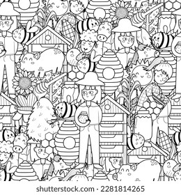 Bee and beekeeper black and white seamless pattern. Coloring page with funny farm characters. Outline background for coloring book. Vector illustration